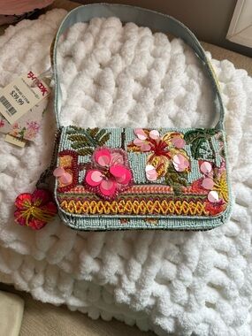 Embellished Floral Beaded Shoulder Bag - Mint with Pink Accents
